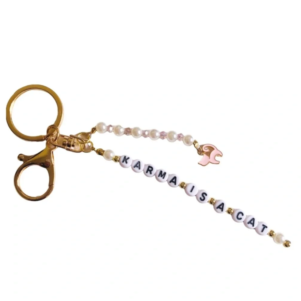Karma Is A Cat Keychain Pearls and Pink Crystals on A Gold Tone Keyring Pink Cat